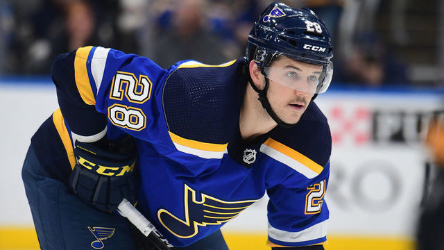 ST. LOUIS, MO - MARCH 09: St. Louis Blues leftwing Mackenzie MacEachern (28) during an NHL game between the Florida Panthers and the St. Louis Blues, on March 09, 2020, at Enterprise Center, St. Louis, MO. Photo by Keith Gillett/Icon Sportswire via Getty Images)