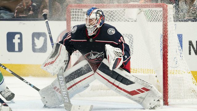 COLUMBUS, OH - MARCH 01: Columbus Blue Jackets goaltender Joonas Korpisalo (70) tends net during the game between the Columbus Blue Jackets and the Vancouver Canucks at Nationwide Arena in Columbus, Ohio on March 1, 2020.