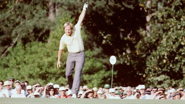AUGUSTA, GA - APRIL 1986: Jack Nicklaus raises his arm in victory after sinking his putt during the 1986 Masters Tournament at Augusta National Golf Club in April 1986 in Augusta, Georgia.