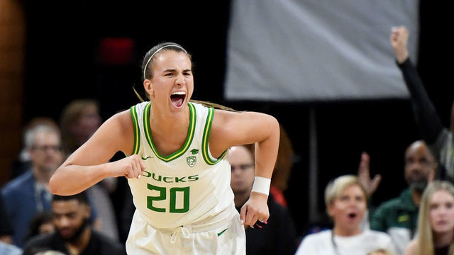 LAS VEGAS, NEVADA - MARCH 06: Sabrina Ionescu #20 of the Oregon Ducks reacts after a teammate hit a 3-pointer against the Utah Utes during the Pac-12 Conference women’s basketball tournament quarterfinals at the Mandalay Bay Events Center on March 6, 2020 in Las Vegas, Nevada. The Ducks defeated the Utes 79-59.