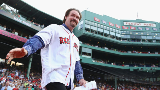BOSTON, MA - MAY 26: Wade Boggs acknowledges the crowd prior to his number 26 retirement ceremony before the game between the Boston Red Sox and the Colorado Rockies at Fenway Park on May 26, 2016 in Boston, Massachusetts.