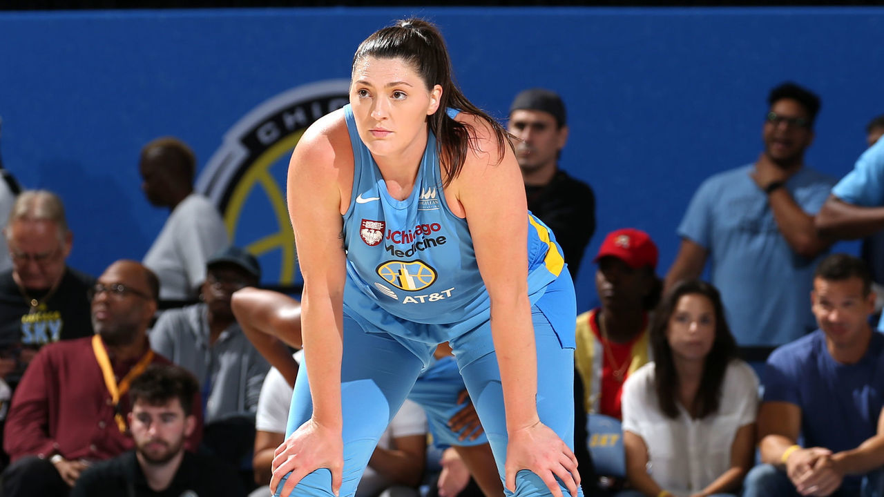CHICAGO, IL - SEPTEMBER 11: Stefanie Dolson #31 of the Chicago Sky looks on during the game against the Phoenix Mercury during Round One of the WNBA Playoffs on September 11, 2019 at Wintrust Arena in Chicago, Illinois. NOTE TO USER: User expressly acknowledges and agrees that, by downloading and/or using this photograph, user is consenting to the terms and conditions of the Getty Images License Agreement. Mandatory Copyright Notice: Copyright 2019 NBAE