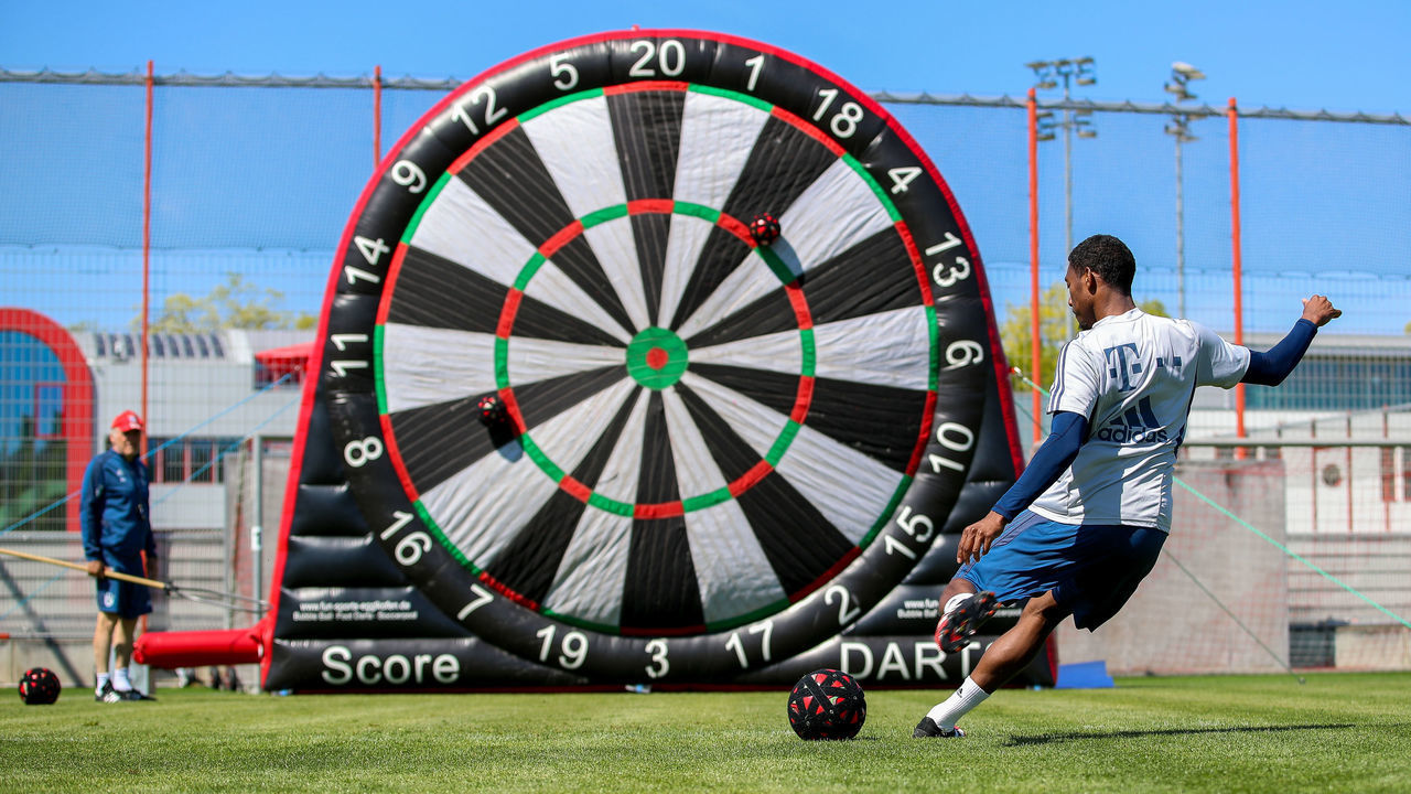 MUNICH, GERMANY - APRIL 16: David Alaba of FC Bayern Muenchen plays the ball during a soccer dart challenge as part of a training session at Saebener Strasse training ground on April 16, 2020 in Munich, Germany.