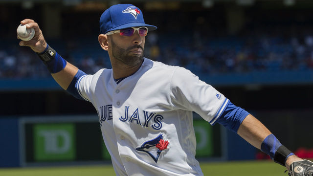 TORONTO, ON - JULY 08: Toronto Blue Jays Right fielder Jose Bautista (19) throws in warmup before the regular season MLB game between the Houston Astros and the Toronto Blue Jays at Rogers Centre in Toronto, ON., Canada July 08, 2017.