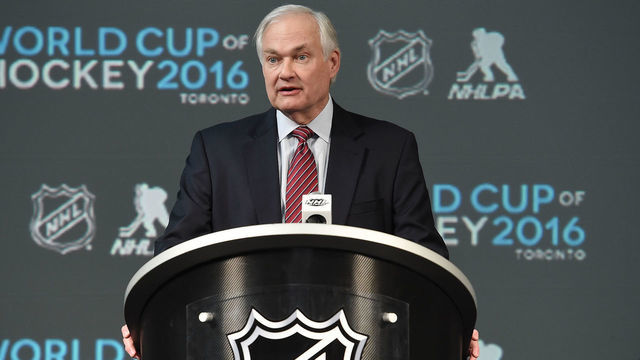 COLUMBUS, OH - JANUARY 24: NHLPA Executive Director Donald Fehr speaks onstage during the 2015 NHL All-Star Weekend Commissioners Press Conference at Nationwide Arena on January 24, 2015 in Columbus, Ohio.
