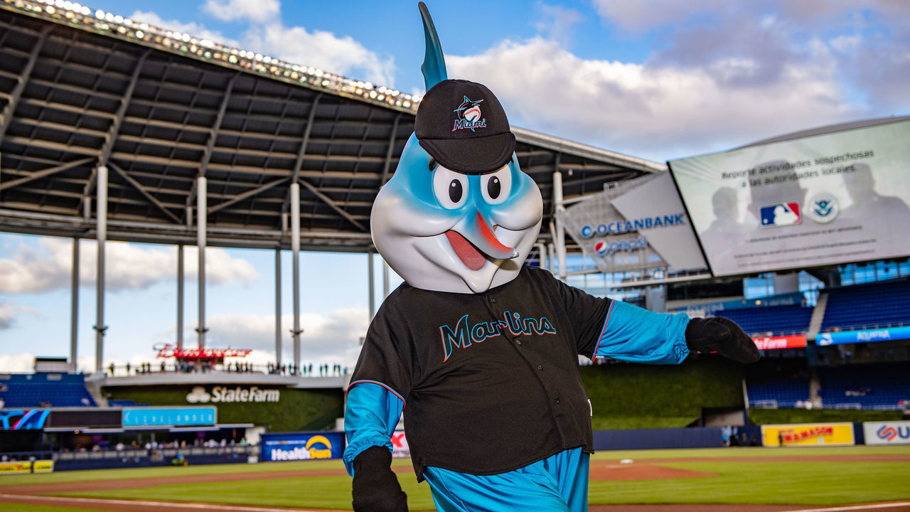 MIAMI, FL - APRIL 17: Billy The Marlin performing before the game between the Miami Marlins and the Chicago Cubs at Marlins Park on April 17, 2019 in Miami, Florida.