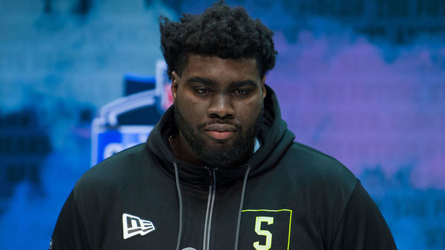 INDIANAPOLIS, IN - FEBRUARY 26: Louisville offensive lineman Mekhi Becton answers questions from the media during the NFL Scouting Combine on February 26, 2020 at the Indiana Convention Center in Indianapolis, IN.