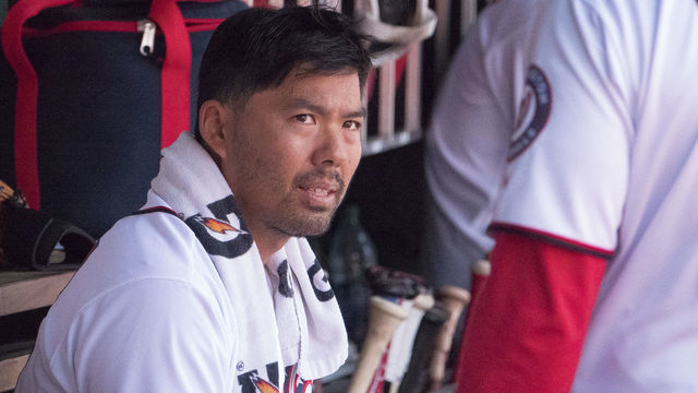 WASHINGTON, DC - APRIL 03: Washington Nationals catcher Kurt Suzuki (28) in the dugout before a MLB game between the Washington Nationals and the Philadelphia Phillies on April 03, 2019, at Nationals Park, in Washington D.C.