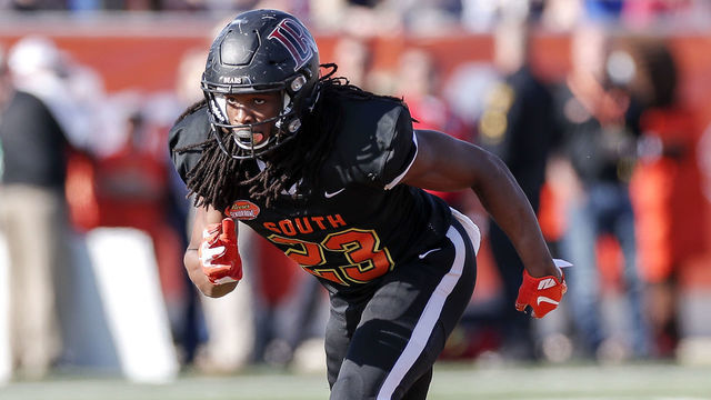 MOBILE, AL - JANUARY 25: Safety Kyle Dugger #23 from Lenoir Rhyne of the South Team during the 2020 Resse's Senior Bowl at Ladd-Peebles Stadium on January 25, 2020 in Mobile, Alabama. The North Team defeated the South Team 34 to 17.
