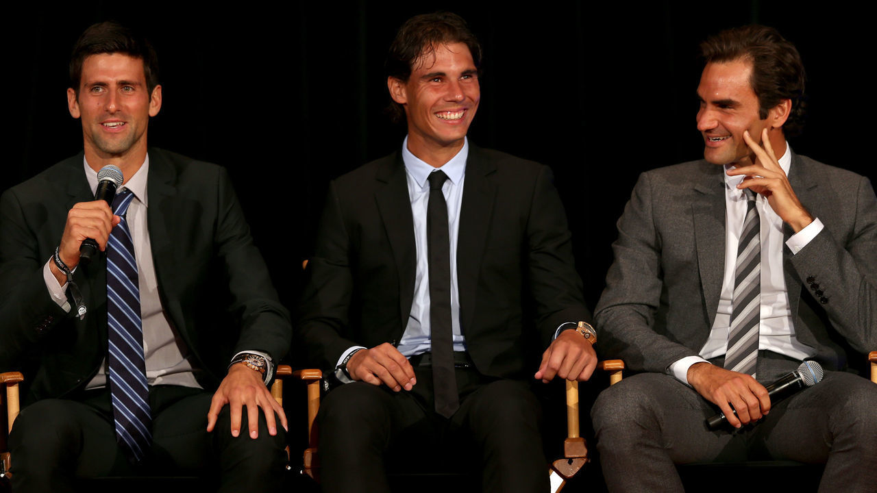 NEW YORK, NY - AUGUST 23: Novak Djokovic of Serbia; Rafael Nadal of Spain and Roger Federer of Switzerland on stage during the ATP Heritage Celebration at The Waldorf=Astoria on August 23, 2013 in New York City.