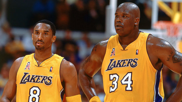 21 Apr 2002: Kobe Bryant #8 and Shaquille O''Neal #34 of the Los Angeles Lakers against the Portland Trail Blazers during game 1 of the 1st round of the 2002 NBA Playoffs at The Staples Center in Los Angeles, California. Note to user: User expressly acknowledges and agrees that, by downloading and/or using this photograph, user is consenting to the terms and conditions of the Getty Images License Agreement. Mandatory copyright notice: Copyright 2002 NBAE Mandatory credit:Andrew D.Bernstein/NBAE/Getty Images.