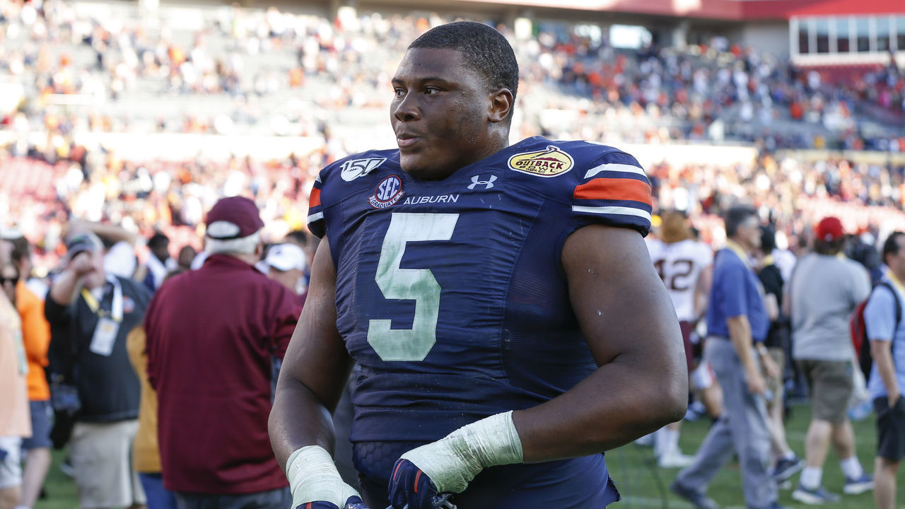 TAMPA, FL - JANUARY 01: Auburn Tigers defensive tackle Derrick Brown (5) during the Outback Bowl between the Auburn Tigers and Minnesota Golden Gophers on January 01, 2020 at Raymond James Stadium in Tampa, FL.