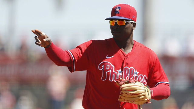 CLEARWATER, FLORIDA - MARCH 07: Didi Gregorius #18 of the Philadelphia Phillies reacts against the Boston Red Sox of a Grapefruit League spring training game on March 07, 2020 in Clearwater, Florida.