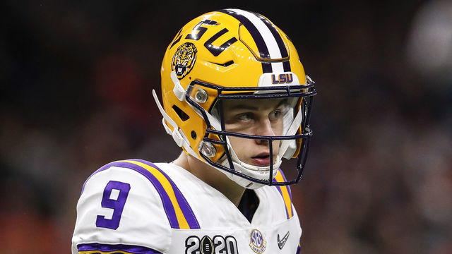 NEW ORLEANS, LA - JANUARY 13: Quarterback Joe Burrow #9 of the LSU Tigers during the College Football Playoff National Championship game against the Clemson Tigers at the Mercedes-Benz Superdome on January 13, 2020 in New Orleans, Louisiana. LSU defeated Clemson 42 to 25.