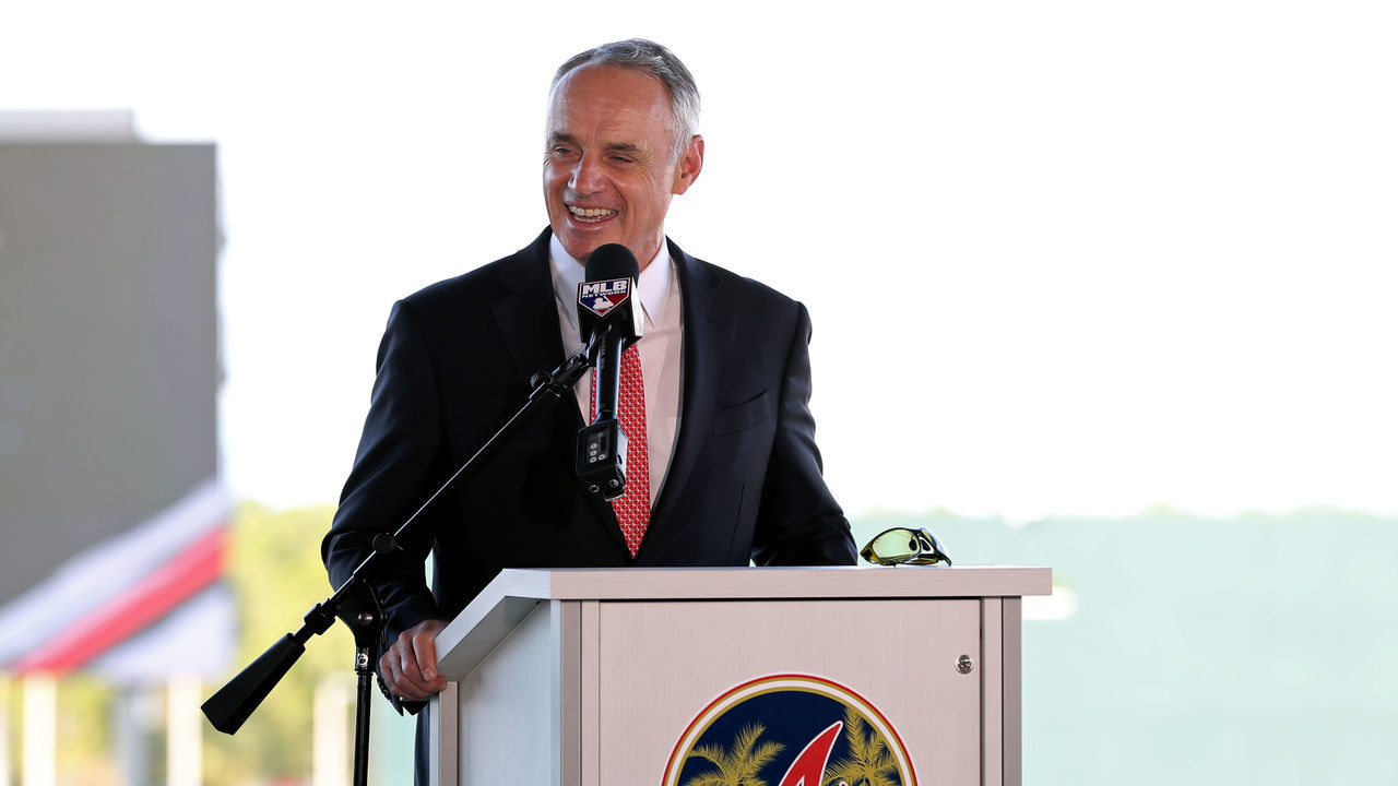NORTH PORT, FL - FEBRUARY 16: Major League Baseball Robert D. Manfred Jr. talks to the media during the Grape Fruit League Media Availability press conference at CoolToday Park on Monday, February 16, 2020 in North Port, Florida.