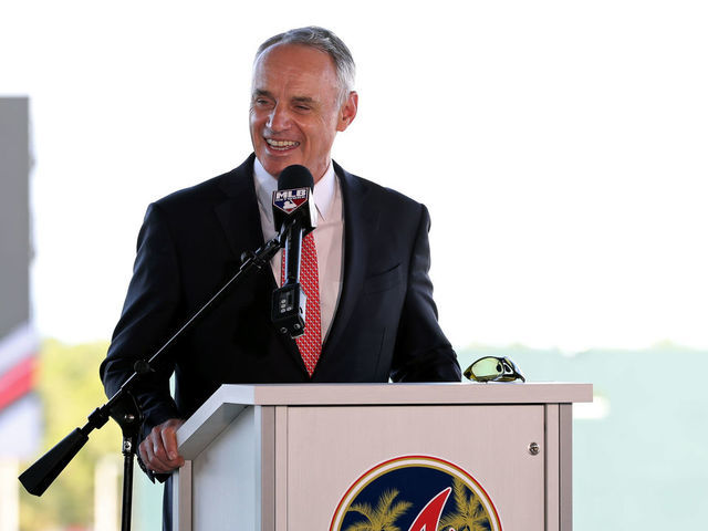 NORTH PORT, FL - FEBRUARY 16: Major League Baseball Robert D. Manfred Jr. talks to the media during the Grape Fruit League Media Availability press conference at CoolToday Park on Monday, February 16, 2020 in North Port, Florida.