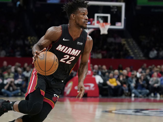 WASHINGTON, DC - MARCH 08: Jimmy Butler #22 of the Miami Heat dribbles against the Washington Wizards in the first half at Capital One Arena on March 08, 2020 in Washington, DC.