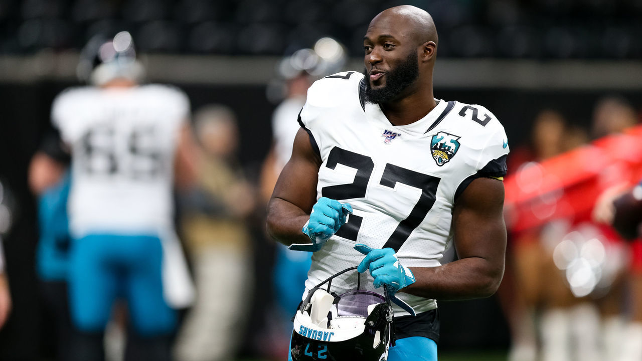 ATLANTA, GA - DECEMBER 22: Leonard Fournette #27 of the Jacksonville Jaguars looks on prior to a game against the Atlanta Falcons at Mercedes-Benz Stadium on December 22, 2019 in Atlanta, Georgia.