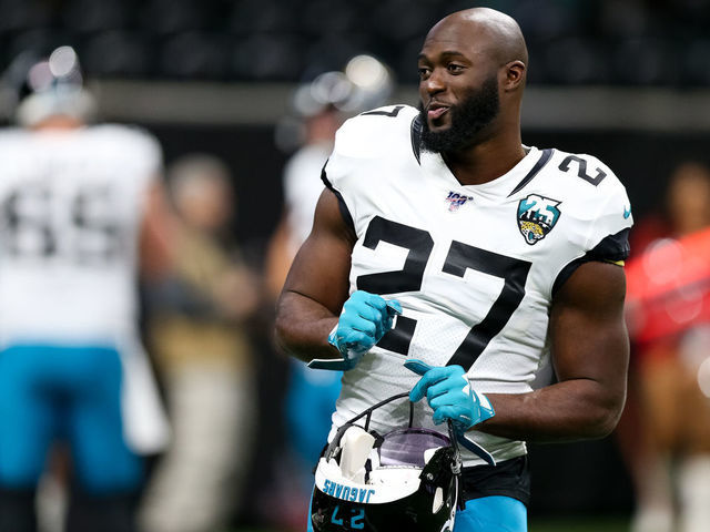 ATLANTA, GA - DECEMBER 22: Leonard Fournette #27 of the Jacksonville Jaguars looks on prior to a game against the Atlanta Falcons at Mercedes-Benz Stadium on December 22, 2019 in Atlanta, Georgia.