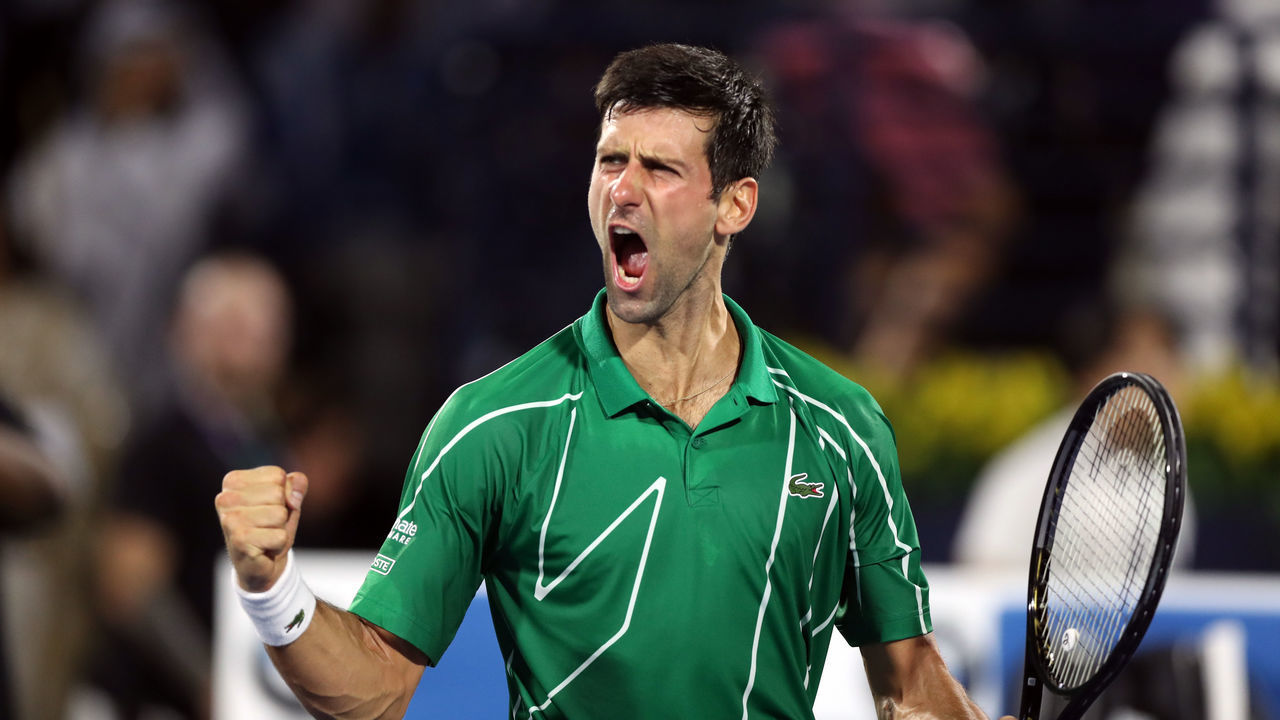 DUBAI, UNITED ARAB EMIRATES - FEBRUARY 29: Novak Djokovic of Serbia celebrates after winning the final against Stefanos Tsitsipas of Greece Match Day thirteen of the Dubai Duty Free Tennis at Dubai Duty Free Tennis Stadium on February 29, 2020 in Dubai, United Arab Emirates.