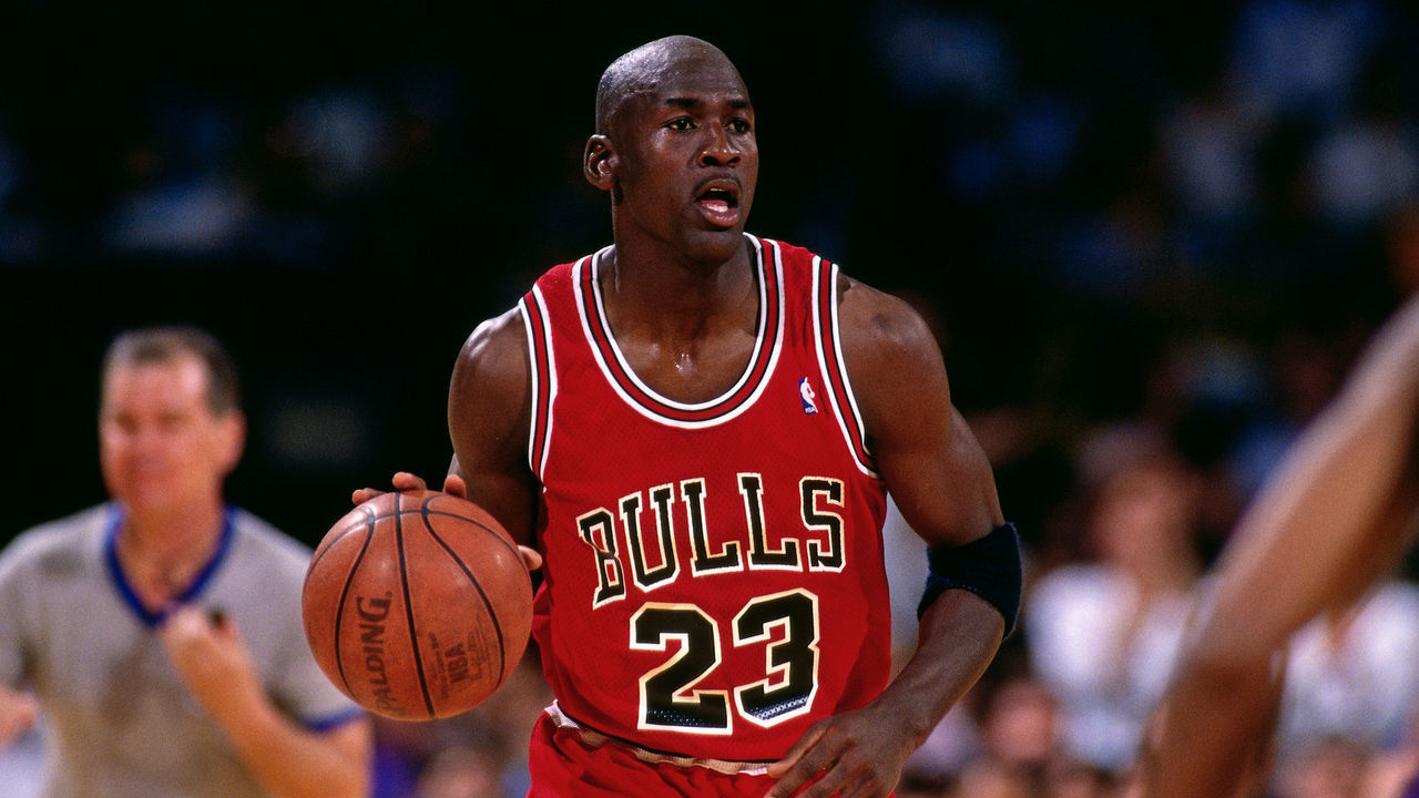 INGLEWOOD, CA- JUNE 7: Michael Jordan #23 of the Chicago Bulls dribbles during Game Three of the 1991 NBA Finals on June 7, 1991 at the Great Western Forum in Inglewood, California. NOTE TO USER: User expressly acknowledges and agrees that, by downloading and/or using this Photograph, user is consenting to the terms and conditions of the Getty Images License Agreement. Mandatory Copyright Notice: Copyright 1991 NBAE