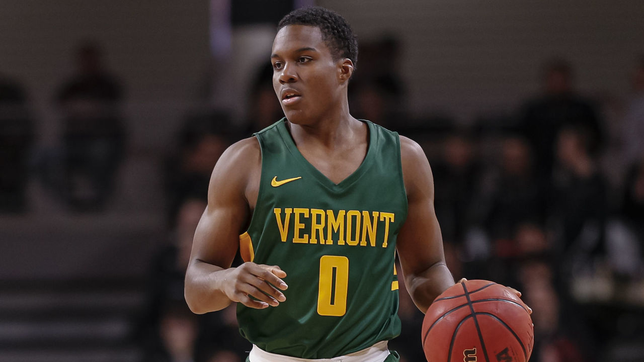 CINCINNATI, OH - DECEMBER 03: Stef Smith #0 of the Vermont Catamounts brings the ball up court during the game against the Cincinnati Bearcats at Fifth Third Arena on December 3, 2019 in Cincinnati, Ohio.