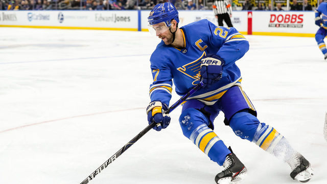ST. LOUIS, MO - FEBRUARY 29: St. Louis Blues' Alex Pietrangelo hits the brakes and circles with the puck during the second period of an NHL hockey game between the St. Louis Blues and the Dallas Stars on February 29, 2020, at the Enterprise Center in St. Louis, MO.