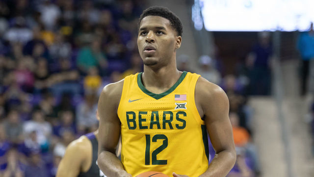 FORT WORTH, TX - FEBRUARY 29: Baylor Bears guard Jared Butler (#12) shoots a free throw during the Big 12 college basketball game between the TCU Horned Frogs and Baylor Bears on February 29, 2020 at Ed & Rae Schollmaier Arena in Fort Worth, Texas.