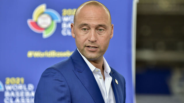 MIAMI, FLORIDA - FEBRUARY 25: CEO Derek Jeter of the Miami Marlins waits to speak to the media after the press conference to announce the World Baseball Classic will be held in Miami next year on February 25, 2020 in Miami, Florida.