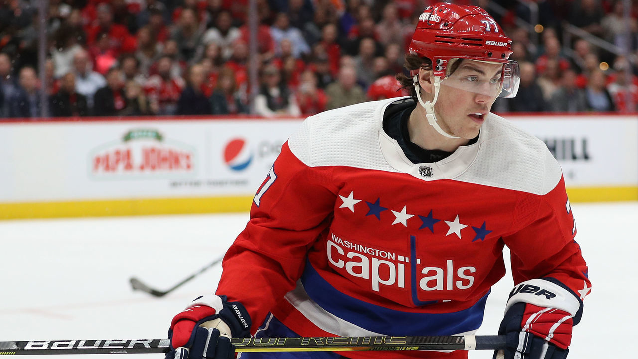 WASHINGTON, DC - MARCH 04: T.J. Oshie #77 of the Washington Capitals looks on against the Philadelphia Flyers during the first period at Capital One Arena on March 4, 2020 in Washington, DC.