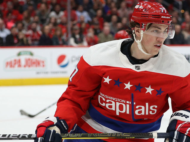 WASHINGTON, DC - MARCH 04: T.J. Oshie #77 of the Washington Capitals looks on against the Philadelphia Flyers during the first period at Capital One Arena on March 4, 2020 in Washington, DC.