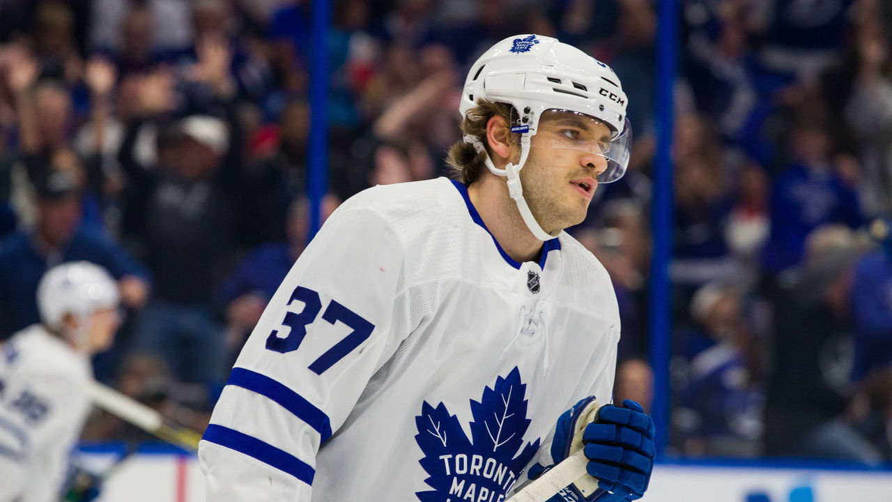 TAMPA, FL - FEBRUARY 25: Timothy Liljegren #37 of the Toronto Maple Leafs against the Tampa Bay Lightning at Amalie Arena on February 25, 2020 in Tampa, Florida.