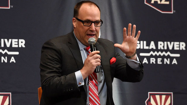 GLENDALE, AZ - MARCH 26: Anthony LeBlanc President and CEO of the Arizona Coyotes talks to a large group of fans during a Town Hall Meeting prior to a game against the Philadelphia Flyers at Gila River Arena on March 26, 2016 in Glendale, Arizona.