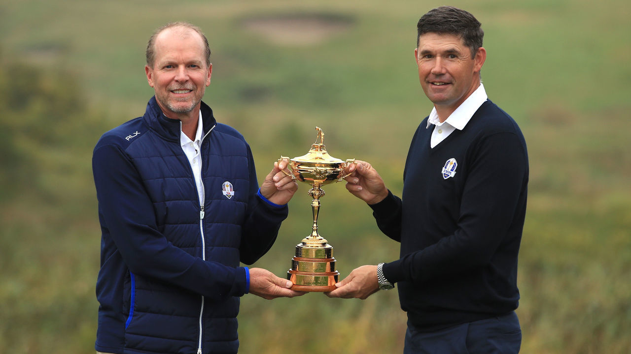 KOHLER, WISCONSIN - OCTOBER 01: United States Captain Steve Stricker (L) and European Captain Padraig Harrington pose with the Ryder Cup during the Ryder Cup 2020 Year to Go media event at Whistling Straits Golf Course on October 1, 2019 in Kohler, United States.