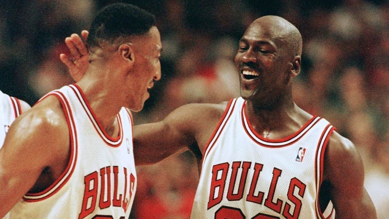 CHICAGO, UNITED STATES: Michael Jordan (R) of the Chicago Bulls celebrates with teammate Scottie Pippen (L) after Pippen had a block against Kendal Gill of the New Jersy Nets 24 April late in the second half of their first round play-off game at the United Center in Chicago, IL. The Bulls won the 96-93 in overtime to take a 1-0 lead in the five game series. AFP PHOTO/Jeff HAYNES