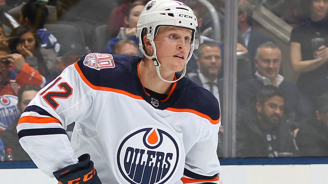 TORONTO, ON - FEBRUARY 27: Colby Cave #12 of the Edmonton Oilers skates against the Toronto Maple Leafs during an NHL game at Scotiabank Arena on February 27, 2019 in Toronto, Ontario, Canada. The Maple Leafs defeated the Oilers 6-2.