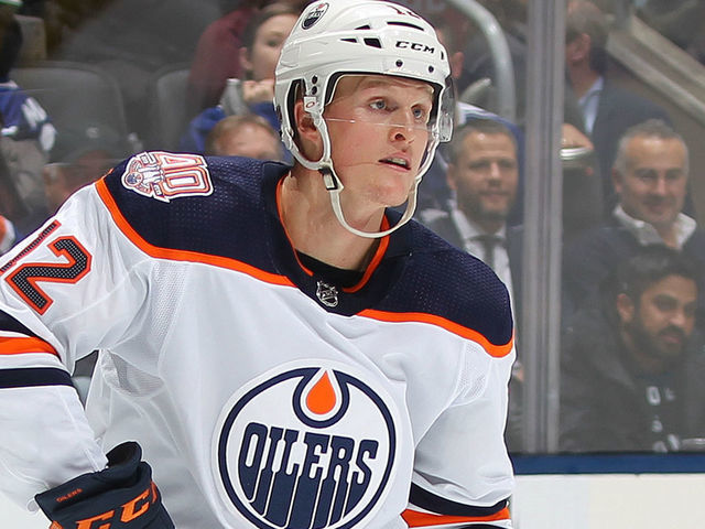 TORONTO, ON - FEBRUARY 27: Colby Cave #12 of the Edmonton Oilers skates against the Toronto Maple Leafs during an NHL game at Scotiabank Arena on February 27, 2019 in Toronto, Ontario, Canada. The Maple Leafs defeated the Oilers 6-2.