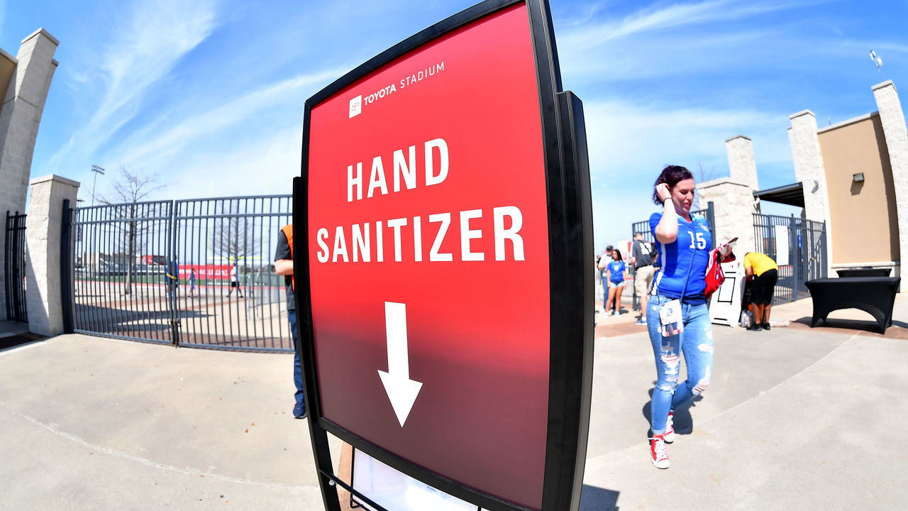 FRISCO, TEXAS - MARCH 11: A general view of a hand sanitizer station to help combat the Coronavirus (COVID-19) before the SheBelieves Cup match at Toyota Stadium on March 11, 2020 in Frisco, Texas.
