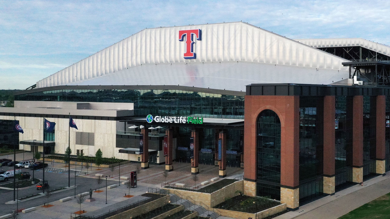 ARLINGTON, TEXAS - APRIL 01: An aerial drone view of Globe Life Field, home of the Texas Rangers MLB team, on April 01, 2020 in Arlington, Texas. The grand opening of Globe Life Field has been postponed after Major League Baseball delayed the start of the 2020 season in an effort to slow the spread of coronavirus (COVID-19).