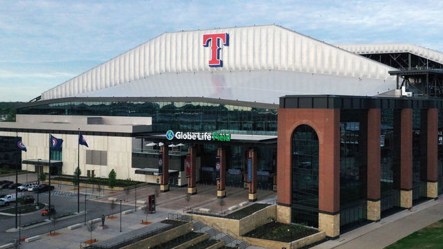 ARLINGTON, TEXAS - APRIL 01: An aerial drone view of Globe Life Field, home of the Texas Rangers MLB team, on April 01, 2020 in Arlington, Texas. The grand opening of Globe Life Field has been postponed after Major League Baseball delayed the start of the 2020 season in an effort to slow the spread of coronavirus (COVID-19).