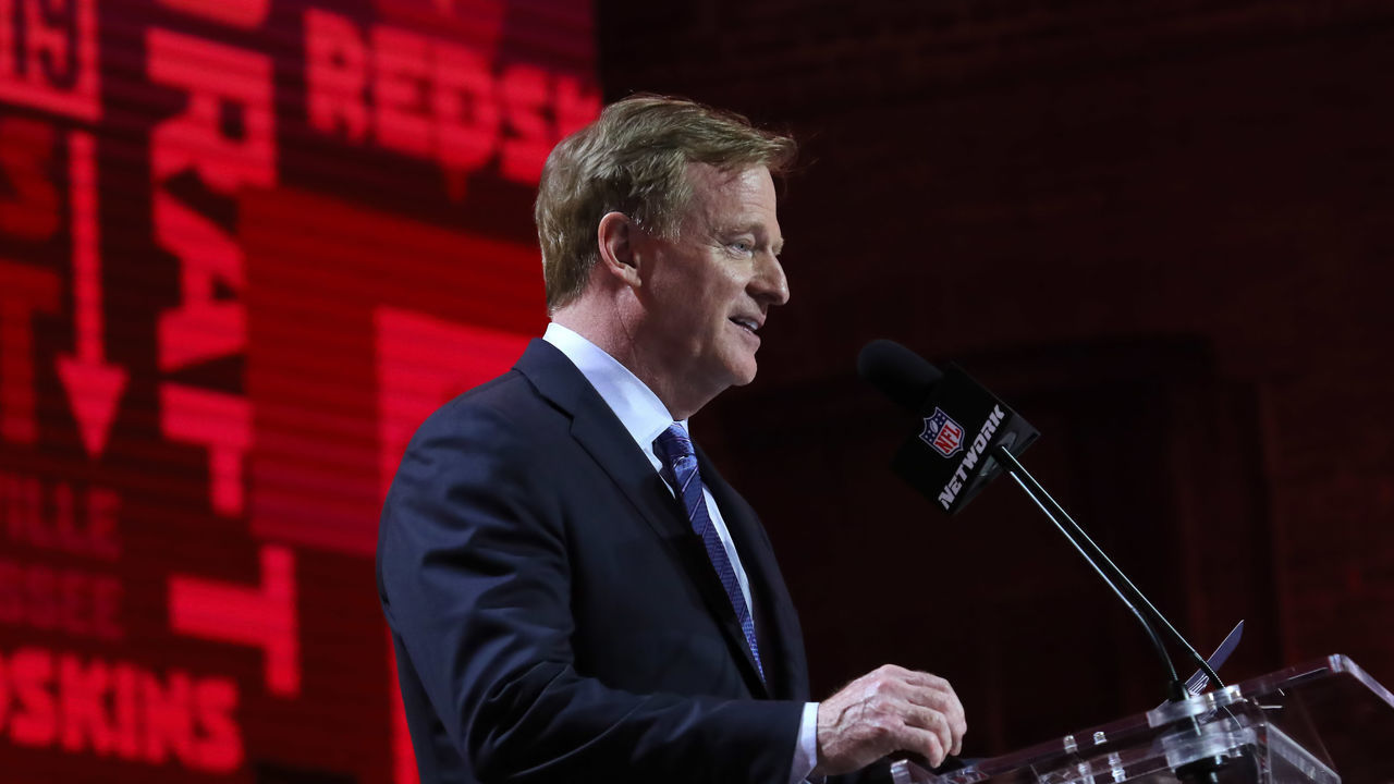 NASHVILLE, TN - APRIL 25: NFL Commissioner Roger Goodell announces the Redskins pick during the first round of the 2019 NFL Draft on April 25, 2019, at the Draft Main Stage on Lower Broadway in downtown Nashville, TN.