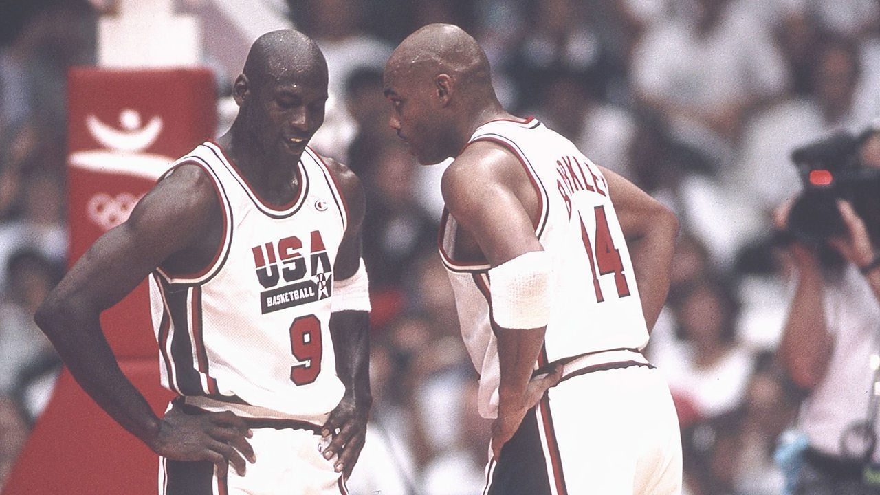 1992: Michael Jordan (L) of Team USA, the Dream Team, and teammate Charles Barkley (R) talk on-court during the men's basketball competition at the 1992 Summer Olympics in Barcelona, Spain.