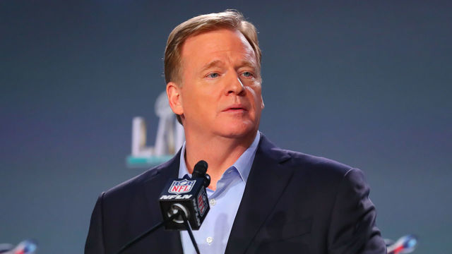 MIAMI, FL - JANUARY 29: NFL Commissioner Roger Goodell speaks during the Commissioners press conference on January 29, 2020 at the Hilton Downtown in Miami, FL.