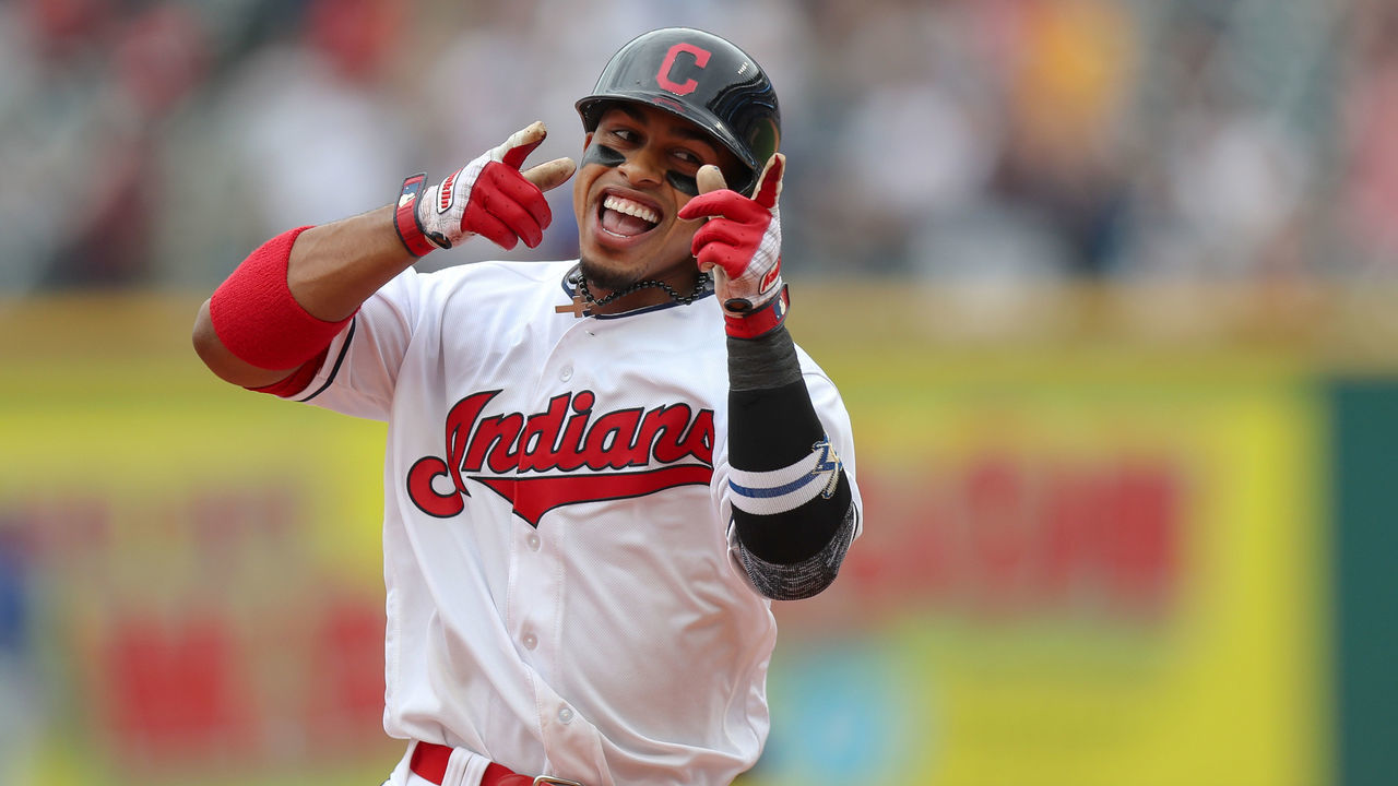 CLEVELAND, OH - MAY 03: Cleveland Indians shortstop Francisco Lindor points to the Indians dugout as he rounds the bases after hitting a 3-run home run during the fourth inning of the Major League Baseball game between the Toronto Blue Jays and Cleveland Indians on May 3, 2018, at Progressive Field in Cleveland, OH. All players were wearing the number 42 for Jackie Robinson Day.