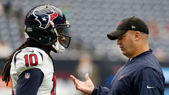 HOUSTON, TX - SEPTEMBER 10: DeAndre Hopkins #10 of the Houston Texans talks with head coach Bill O'Brien of the Houston Texans at NRG Stadium on September 10, 2017 in Houston, Texas.