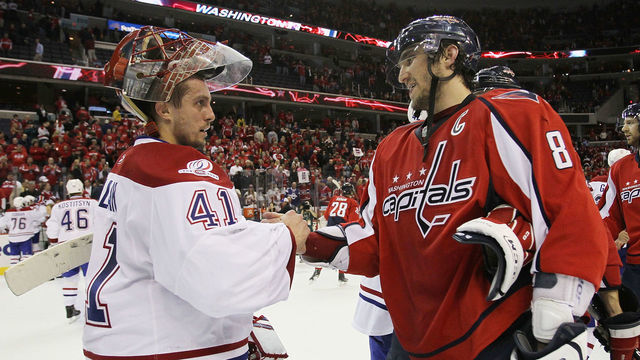 WASHINGTON - APRIL 28: Jaroslav Halak #41 of the Montreal Canadiens shakes hands with Alex Ovechkin #8 of the Washington Capitals following the Canadiens 2-1 win in Game Seven of the Eastern Conference Quarterfinals during the 2010 NHL Stanley Cup Playoffs at the Verizon Center on April 28, 2010 in Washington, DC.