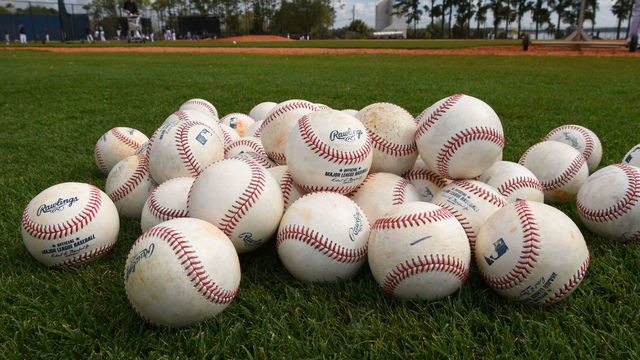 LAKELAND, FL - FEBRUARY 17: A detailed view of a group of Rawlings official Major League baseballs sitting on the field during the Detroit Tigers Spring Training workouts at the TigerTown Facility on February 17, 2020 in Lakeland, Florida.