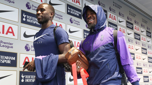LONDON, ENGLAND - DECEMBER 07: Moussa Sissoko (L) and Serge Aurier of Tottenham Hotspur arrive at the stadium prior to the Premier League match between Tottenham Hotspur and Burnley FC at Tottenham Hotspur Stadium on December 07, 2019 in London, United Kingdom.