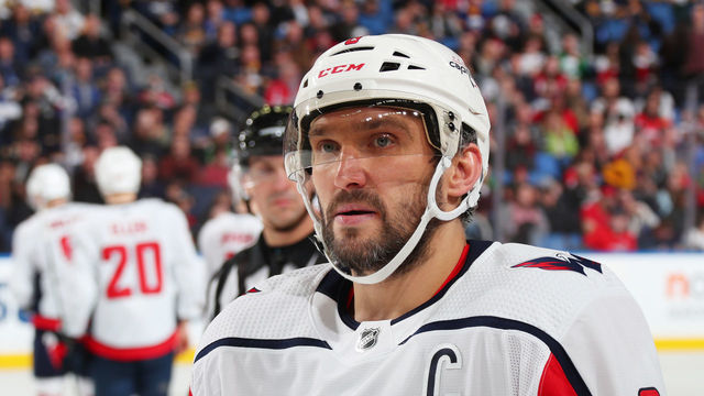 BUFFALO, NY - MARCH 9: Alex Ovechkin #8 of the Washington Capitals skates to the bench during an NHL game against the Buffalo Sabres on March 9, 2020 at KeyBank Center in Buffalo, New York.