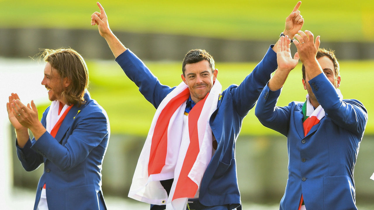 Paris , France - 30 September 2018; Tommy Fleetwood, left, with Rory McIlroy, centre, and Francesco Molinari of Europe after the Ryder Cup 2018 Matches at Le Golf National in Paris, France.